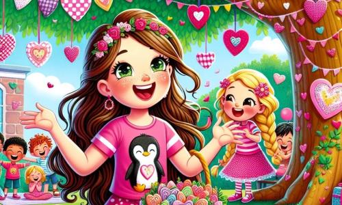 Una ragazza di 10 anni, di nome Viola, con lunghi capelli castani e occhi scintillanti di gioia, è seduta sotto un grande albero con foglie verdi. Indossa una maglietta rosa con pinguini e una gonna a pois, il suo viso emana eccitazione e felicità mentre tiene un cestino pieno di biscotti a forma di cuore. Accanto a lei, la sua migliore amica Laila, anch'essa di 10 anni, ha i capelli biondi in trecce e un sorriso radioso, sta leggendo una poesia ad alta voce, gli occhi brillanti di amicizia. Il luogo è un bel giardino scolastico, decorato con ghirlande di cuori di carta e palloncini colorati che fluttuano nell'aria. La scena principale mostra Viola e Laila circondate da altri bambini, che ridono e ballano gioiosamente, celebrando l'amicizia durante una festa di San Valentino, con risate e dolcetti intorno a loro.