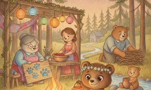 Personaje principal: un pequeño osezno marrón de pelaje suave, ojos redondos y curiosos, sonrisa tímida, con una corona de flores ladeada y una linterna de papel naranja junto al fuego; secundaria 1: la abuela osa, de figura redonda y pelaje gris, pintando un cartel con huellas azules; secundaria 2: la madre osa, de pelaje castaño claro y sonrisa amable, lavando frambuesas en un cuenco; secundaria 3: el padre oso, grande y fuerte, apilando ramas para la hoguera; secundaria 4: un hermanito osezno juguetón modelando un tiesto de barro junto al arroyo; lugar: un prado entre pinos con un pórtico de madera cubierto de enredaderas y telas, hierba dorada junto a un arroyo y una casita de piedra a lo lejos bajo un cielo crepuscular rosa‑anaranjado; situación: velada familiar de verano alrededor del fuego con linternas de papel colgantes, ambiente cálido, artistas y herramientas sobre mesas y gestos afectuosos.