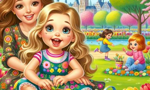 Een klein meisje van 6 jaar, Lise, met lange blonde haren en sprankelende ogen, zit op het groene gras van het park met een grote glimlach op haar gezicht. Ze draagt een kleurrijke bloemenjurk en houdt een klein potje aarde vast, waar ze zaden in heeft geplant. Naast haar zit haar moeder, een vrouw van rond de dertig met kastanjebruin haar en een warme glimlach, die zich bukt om haar te helpen met een kleurrijke gieter. Het park is vol met schitterende bloemen, tulpen en narcissen, met bloeiende bomen die zachtjes dansen in de lentebries. Kinderen spelen op de achtergrond, lachen en rennen, terwijl een oude man met een witte baard een verhaal vertelt aan een groep kinderen die om hem heen zitten. De scène toont Lise en haar moeder die zaden planten in de tuin van het park, omringd door de schoonheid van de lentennatuur, symboliserend de vernieuwing en verwondering van de lente.