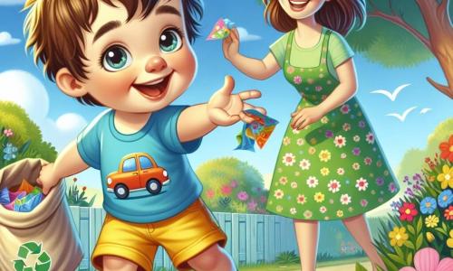 Un băiețel de 2 ani, cu părul brun și ochii plini de curiozitate, zâmbește vesel în timp ce ridică o bucată de hârtie colorată de pe jos. Poartă un tricou albastru cu desene de mașini și o pereche de pantaloni scurți galbeni. Mâna lui este întinsă spre deșeu, iar fața îi exprimă o mare mândrie. Lângă el, mama lui, o femeie de aproximativ 30 de ani, cu părul lung și castaniu, poartă o rochie verde cu flori și zâmbește încurajându-l. Se află ușor în spate, ținând o sacoșă mare de pânză pentru deșeuri reciclabile. Scena se desfășoară într-o grădină frumoasă și însorită, plină de flori colorate, copaci verzi și iarbă proaspătă. Cerul este albastru cu câteva nori albi pufosi, iar păsările cântă vesel în crengi. Băiețelul strânge deșeuri pentru a ajuta la curățarea grădinii, în timp ce mama lui îl încurajează cu un zâmbet mândru, arătând importanța grijii față de natură.