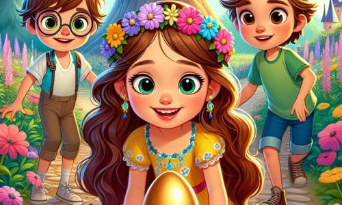 Una ragazza di 10 anni, di nome Sofia, si trova al centro della scena, con un grande sorriso luminoso sul viso. Ha lunghi capelli castani ondulati, adornati da una corona di fiori colorati. Indossa un vestito giallo a fiori blu, che danza attorno a lei mentre si prepara a prendere un uovo d'oro scintillante posato su un piedistallo di cristallo. Accanto a lei, Marco, un ragazzo di 9 anni con capelli castani disordinati e occhiali rotondi, guarda l'uovo con occhi sgranati, pieno di meraviglia. Indossa una maglietta verde e pantaloni corti blu, e si è leggermente inclinato in avanti, come se fosse pronto ad avvicinarsi all'uovo. Giulia, una ragazza di 8 anni con capelli biondi intrecciati e un vestito rosa, si trova un po' indietro, con le mani sui fianchi, mostrando un'espressione di determinazione. Osserva attentamente i suoi amici, pronta a incoraggiarli nella loro ricerca. Il contesto è un giardino incantato, pieno di fiori brillanti e libellule scintillanti che volano intorno a loro. Un grande albero maestoso si erge sullo sfondo, le cui radici formano un ingresso verso un mondo magico. La scena principale mostra Sofia, Marco e Giulia mentre scoprono l'uovo d'oro al centro del giardino, circondati da un'atmosfera di mistero e magia, mentre si preparano a festeggiare insieme la loro vittoria.