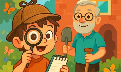 Um menino pequeno, Lucas, de oito anos, está em frente a uma casa com um olhar determinado e curioso. Ele usa um chapéu de detetive de tweed, uma lupa em uma mão e um bloco de notas na outra. Seus olhos brilham de excitação e ele tem cabelos castanhos bagunçados. Ao lado dele, o vizinho, o senhor Joaquim, um homem de sessenta anos, sorri calorosamente. Ele usa óculos redondos e tem uma barba grisalha bem aparada, segurando uma pá, pronto para jardinagem em seu jardim colorido. O cenário é um jardim luxuriante, cheio de flores vibrantes, com borboletas voando ao redor. Ao fundo, há uma casa de tijolos vermelhos com uma grande janela no segundo andar, onde a luz do sol brilha através de um espelho. A cena mostra Lucas examinando o jardim, intrigado por uma sombra misteriosa projetada na parede da casa, enquanto o senhor Joaquim o observa com um sorriso benevolente.