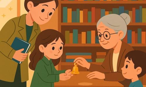 Marta, detetive sorridente de cabelo preso, inclina-se para tranquilizar Pipa, uma menina tímida que entrega um pequeno carilhão dourado ao balcão da pequena biblioteca à bibliotecária Dona Celina, de cabelo grisalho e gesto acolhedor; Bia e Tomás observam sentados, enquanto o interior acolhedor com estantes de livros, tapete e luz quente realça o momento terno da devolução do carilhão.