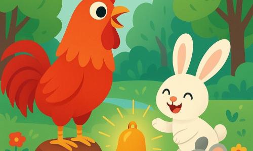 A brightly feathered red rooster stands proudly on a small rock, with a determined and joyful expression. Its eyes shine with excitement as it sings a sweet melody. Next to it, a small rabbit with large white ears approaches, hopping happily with a friendly smile. A curious and lively little gray mouse stands near the rabbit, looking at the rooster with admiration. In the background, a lush forest stretches out, with trees featuring shiny leaves and a sparkling stream winding through colorful flowers. The scene captures the moment when the rooster and its friends discover the lost bell, with golden light illuminating the area, creating a magical and friendly atmosphere.
