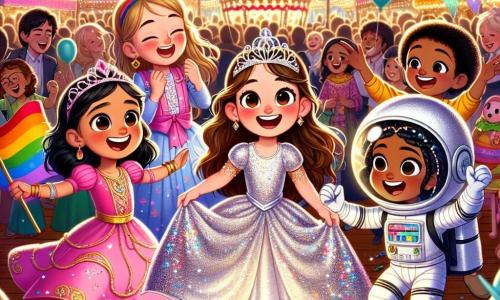 In het midden van de afbeelding staat Mila, een 8-jarig meisje met lang bruin haar en een schitterende prinsessenjurk, die vrolijk glimlacht terwijl ze een schatkaart vasthoudt. Rechts van haar staat Emma, een 9-jarig meisje met een paardenstaart van blond haar en een zilveren astronautenkostuum, die met haar vinger naar een spannende richting wijst. Links danst Noor, een 8-jarig meisje met zwart haar en een kleurrijke jurk die op een regenboog lijkt, enthousiast. Ten slotte staat Sam, een 7-jarig jongetje met rood haar en een grappige clownsneus, voor hen met glinsterende ogen van opwinding. De achtergrond toont een groot carnavalsplein, vol kleurrijke versieringen: ballonnen zweven in de lucht, lichtslingers schitteren en er zijn snoepstands zichtbaar op de achtergrond. Mensen dansen vrolijk om hen heen, wat een feestelijke sfeer creëert. De hoofdscène toont de vier vrienden die een grote kist ontdekken, versierd met linten en ballonnen, met stralende glimlachen op hun gezichten, klaar om de kist te openen en de verrassing binnenin te onthullen.