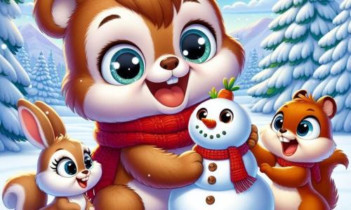 In the center of the image, Benny, a small brown bear with soft, tousled fur, is joyfully laughing while building a snowman. His big, sparkling eyes and wide smile show his excitement. He wears a red scarf that contrasts with the white snow. Next to him, Lila, a small rabbit with large ears and white fur, is placing a carrot on the snowman's nose. She looks enthusiastic, her eyes shining with joy, and she is bouncing lightly on the spot, full of energy. A little further away, Sammy, a squirrel with reddish fur and a bushy tail, is gathering snowballs with a big smile. He looks at Benny and Lila with admiration, his round, curious eyes filled with enthusiasm. The setting is a beautiful winter landscape, with majestic snow-covered trees, a clear blue sky, and gently falling snowflakes. The ground is entirely covered with a thick layer of sparkling snow, creating a magical and joyful atmosphere. The main scene shows Benny and his friends actively laughing and having fun together as they build their snowman, illustrating the spirit of camaraderie and joy of winter.