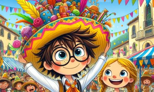 Un niño de 12 años, Nico, con el cabello castaño desordenado y ojos brillantes de creatividad, se encuentra en el centro del escenario, sonriendo ampliamente, llevando un sombrero extravagante hecho de colores vivos, plumas y purpurina. A su lado, su mejor amiga Lili, una niña de 11 años con trenzas rubias y gafas redondas, lo anima levantando los brazos, llena de entusiasmo, con una pequeña bolsa llena de materiales de manualidades a sus pies. La escena transcurre en la animada plaza de Villasonrisa, rodeada de puestos coloridos y decoraciones festivas, donde los habitantes ríen y aplauden, creando una atmósfera alegre y vibrante. Al fondo, niños juegan y globos flotan en el cielo azul, añadiendo a la ambientación festiva. Nico y Lili están presentando su sombrero en el concurso de creación de sombreros, con miradas admirativas del público que los rodea, cautivado por su creación única y colorida.
