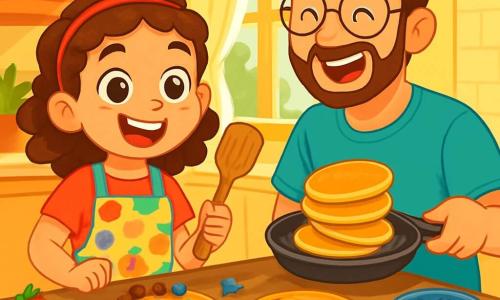 An 8-year-old girl, Sophie, with big sparkling eyes and curly brown hair, joyfully smiles while holding a wooden spatula. She wears a colorful apron decorated with fruit designs, and her face shows contagious excitement. Next to her, her father, a man in his thirties with a soft beard and round glasses, laughs while holding a pan filled with golden pancakes. They are in a bright kitchen, filled with sunlight filtering through the windows, with pastel yellow walls and a wooden table covered with colorful ingredients: strawberries, blueberries, and sprinkles. The main scene shows Sophie and her father creating fun pancakes, decorated with fruit, turning a small accident into a joyful pancake parade, full of laughter and creativity.