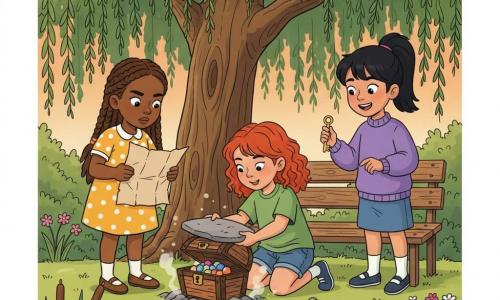 Three nine-year-old girls under a large weeping willow by a pond: on the left a brown-haired girl with mid-length braided hair in a yellow polka-dot dress holds a crumpled old map and looks down, in the center a red-curled girl in a green T-shirt and denim shorts kneels and is turning over a flat stone to reveal a small carved wooden chest, and on the right a black-haired girl in a ponytail wearing a purple sweater smiles holding a small golden key; warm late-afternoon light, green grass, reeds, water lilies, a weathered wooden bench behind them, and the open chest shows colorful marbles and a small teddy bear.