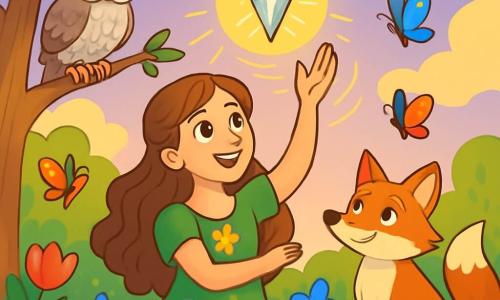 A woman named Elara, in her thirties, stands in the center of an enchanting garden, her face radiating softness and determination. She has long, wavy chestnut hair and wears a green dress adorned with colorful flowers dancing in the wind. Her eyes shine with hope as she raises her hands toward a sparkling crystal surrounded by golden light. To her left, a wise old owl with silver feathers and round eyes watches her kindly from a tree branch. To her right, a curious and playful fox with fiery fur gazes at the crystal, its bushy tail waving behind it. The garden is a vibrant tableau of bright colors, with vivid red, blue, and yellow flowers, and butterflies fluttering around Elara. In the background, a lavender sky mingles with golden clouds, creating a magical atmosphere. The main scene shows Elara lifting the crystal of radiant light, while the wind, in the form of glowing spirals, begins to rise around her, ready to soar into the sky.