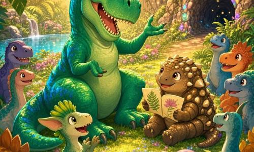 Uśmiechnięty, życzliwy Tyranozaur rex, duży i masywny, z błyszczącymi zielono-błękitnymi łuskami, siedzi na tylnych łapach i gestykuluje, opowiadając historię; obok niego Nibi, mały, okrągły ankylozaur z brązową błyszczącą skorupą i lekkim uśmiechem, trzyma ilustracje; na pierwszym planie mały zielony dinozaur z grzebieniem, zachwycony i bijący brawo; w półokręgu w tle inne przyjazne dinozaury, urzeczone i lekko się śmieją; scena w jasnej, tajemniczej polanie z trawą i różowo-niebieskimi kwiatami, dużymi paprociami, lśniącym jeziorkiem po lewej i kamiennym, tajemniczym tunelem po prawej, przesycona złotym późnopopołudniowym światłem i migoczącym pyłkiem; styl wektorowy, żywe kontrastowe kolory, miękkie kontury, ciepła, magiczna atmosfera skoncentrowana na Tyranozaurze i kręgu słuchaczy.