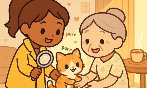 O tânără detectivă zâmbitoare (≈25 ani), păr brun prins în coadă, palton galben, cu o lupă transparentă, întinde blând un pui de pisică roșu-alb (Mico) cu ochi verzi către o femeie în vârstă (≈70 ani) cu fața brăzdată, păr gri în coc, rochie pastel cu flori, care se apleacă zâmbind să ia puiul; scena are loc într-o cameră mică și caldă cu pereți de lemn și fotografii vechi, o ușă întredeschisă cu rază de soare, o masă rotundă cu ceai fumegând și o pătură în carouri; atmosferă luminoasă, primitoare, compoziție centrală pe cei trei, expresii blânde, detalii kawaii discrete (inimioare mici, jucării).