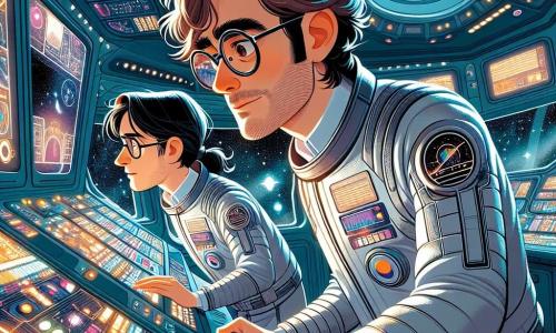 El personaje principal, un hombre llamado Elías, es un científico de unos treinta años, con cabello castaño desordenado y gafas redondas que le dan un aire inteligente. Lleva un elegante traje espacial plateado, y su rostro expresa una profunda concentración mezclada con emoción mientras examina paneles de control en la cabina de la Stellar Voyager. A su lado, Ana, una mujer de unos 28 años, es una astrofísica con cabello largo y negro, recogido en una cola de caballo. Ella también lleva un uniforme espacial y observa atentamente las pantallas, su rostro iluminado por la luz de los datos que pasan. La escena se desarrolla dentro de la Stellar Voyager, una cápsula espacial futurista con paredes de metal brillante, llena de botones de colores y pantallas parpadeantes, flotando en la inmensidad del cosmos, con estrellas brillantes y planetas coloridos visibles a través de los ventanales. La situación principal muestra a Elías y Ana en plena acción, intentando estabilizar el sistema de propulsión de su nave, con alarmas sonando a su alrededor, creando una atmósfera de tensión y aventura.