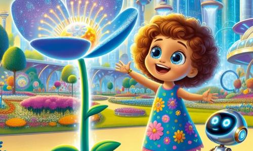 Uma menina de 4 anos, chamada Lila, com grandes olhos brilhantes e cabelos cacheados de cor castanho claro, está alegremente diante de uma máquina de flores futurista. Ela usa um vestido colorido com estampas de flores e um sorriso radiante que expressa sua empolgação. Ao seu lado está Zippy, um robô amigável de metal brilhante, com olhos luminosos em forma de círculo e braços articulados, que pressiona um botão da máquina com um ar concentrado. O cenário é um parque futurista de Lumiville, repleto de jardins luxuriantes, flores coloridas e grandes árvores com folhas cintilantes. Ao fundo, edifícios modernos com fachadas de vidro refletivo se erguem sob um céu azul vibrante, enquanto carros voadores passam acima. A cena retrata Lila e Zippy fazendo crescer uma linda flor azul que emerge da máquina, cercada por um halo de luz mágica. Lila levanta os braços para o alto, maravilhada com a beleza da flor, enquanto Zippy sorri, satisfeito com seu sucesso.
