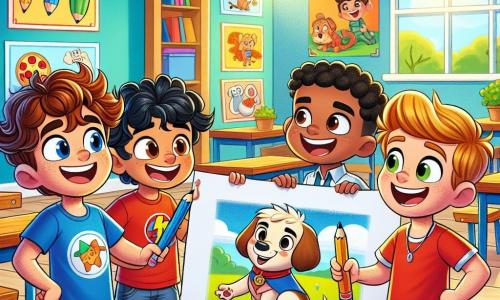 Em uma sala de aula iluminada e colorida, quatro meninos de sete anos estão em círculo, sorrindo. Lucas, com cabelos castanhos e cacheados, usa uma camiseta azul com um desenho de super-herói, segurando um lápis e um caderno de desenho. Miguel, com cabelos negros e lisos, veste uma camiseta vermelha e olha para Lucas com entusiasmo. João, com cabelos castanhos e cacheados, usa um boné verde ao contrário e está inclinado para mostrar seu desenho de cachorro. Pedro, com cabelos loiros e curtos, ri enquanto segura uma folha de papel com um desenho de pizza e super-heróis. A sala é decorada com pôsteres coloridos e tem mesas de madeira dispostas em semicírculo, com luz do sol entrando pela janela. Os meninos trabalham juntos em um projeto de desenho, compartilhando ideias e criações, refletindo o espírito de amizade e colaboração na classe.