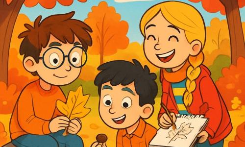 Há 3 personagens: - Tomás: um menino de 10 anos, com cabelos castanhos bagunçados e óculos redondos. Ele usa um suéter laranja e um jeans. Ele está sentado em uma grande pedra, segurando uma folha dourada nas mãos. - Inês: uma menina de 9 anos, com longos cabelos loiros trançados e um sorriso radiante. Ela usa uma jaqueta vermelha e um cachecol listrado. Ela está em pé, desenhando uma folha em um caderno apoiado nos joelhos. - Rafael: um menino de 10 anos, com cabelos pretos e sardas no nariz. Ele usa uma camisa xadrez e uma calça bege. Ele está agachado ao lado de Tomás, segurando uma bolota na mão e observando com curiosidade. O cenário é um lindo parque de outono, onde as árvores estão cobertas de folhas vibrantes: vermelhas, laranjas e amarelas. O chão está coberto de folhas secas, e um suave sol da tarde filtra através dos galhos, criando sombras dançantes no chão. Ao fundo, vê-se um céu azul claro com algumas nuvens brancas e fofas. A situação principal da história mostra os três amigos em plena exploração, maravilhados com a beleza do outono. Eles riem e compartilham suas descobertas, cercados pela magia das cores e sons da natureza, enquanto se preparam para escrever em seus diários sobre suas aventuras.