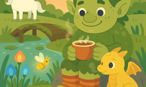 A cozy, soft troll with a warm smile, round shiny eyes and moss-green skin with lichen spots sits barefoot on a stone by a small moss-covered wooden bridge over a silvery river at sunset, wearing striped socks and holding a steaming cup of tea; a butter-yellow baby dragon the size of a bun with smooth shiny scales and tiny smoke from its nostrils snuggles against the troll to the right, a glowing golden firefly hovers casting light on illuminated runes carved into a flat stone, a white unicorn with a cloud-like mane and sparkling horn watches from the left among blue and orange lantern-flowers; lily pads and waving grasses dot the scene, warm saturated pastel palette, simple textures, soft contrasts, round shapes, flat vector style, centered readable composition.