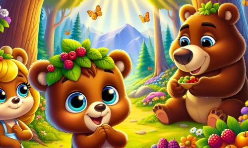 Bruno, ein kleiner brauner Bär mit großen, funkelnden Augen, steht in der Mitte der Szene, mit einem breiten Lächeln im Gesicht, umgeben von bunten Beeren, die er gerade gepflückt hat. Er trägt einen kleinen Blätterhut und hält einen Korb voller Früchte in seinen Pfoten. Links von ihm steht Mama Bär, eine sanfte und liebevolle Mama-Bär mit goldenem Fell, die ihren Sohn stolz anblickt, während sie einen Honigkuchen auf einem Holztisch zubereitet. Rechts steht Papa Bär, ein kräftiger Bär mit dunkelbraunem Fell, der mit einem Lächeln einen großen Teller mit Beeren hält und Bruno unterstützt, mit einem Ausdruck des Glücks auf seinem Gesicht. Die Szene spielt in einem verzauberten Wald, durchzogen von goldenem Sonnenlicht, das durch die Blätter majestätischer Bäume filtert und eine warme, einladende Atmosphäre schafft. Bunte Blumen und Schmetterlinge umschwirren sie und verleihen der Umgebung einen Hauch von Magie. Die Hauptsituation zeigt Bruno, umgeben von seinen Eltern, die seinen Geburtstag feiern und glücklich sind, zusammen die besten Beeren aus dem Garten gefunden zu haben, was die familiäre Liebe und die Freude am Teilen kostbarer Momente veranschaulicht.