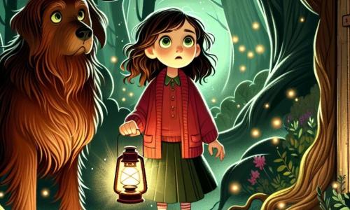 O fetiță de 12 ani, pe nume Anca, se află în centrul imaginii, cu părul castaniu ușor ondulat și ochi verzi strălucitori de curiozitate și neliniște. Poartă un pulover roșu și o pereche de blugi, ținând o lanternă care îi luminează fața, dezvăluind o expresie atât curajoasă, cât și îngrijorată. Lângă ea, un câine mare cu blana maro, având ochi strălucitori și o postură protectoare, privește spre întunericul pădurii, pregătit să o apere. Decorul este o pădure întunecată și misterioasă, cu copaci cu trunchiuri noduroase și ramuri răsucite care par să se aplece spre Anca. Umbre dansează între copaci, iar o ceață ușoară învăluie solul, creând o atmosferă atât magică, cât și îngrijorătoare. Situația principală o arată pe Anca, hotărâtă, avansând cu prudență spre o ușă veche din lemn acoperită cu mușchi, în timp ce câinele o urmează îndeaproape, alertând cu un lătrat blând despre pericolele invizibile care s-ar putea ascunde în umbră.