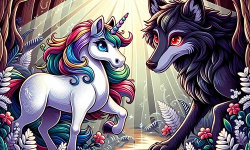 Ein majestätisches weißes Einhorn namens Liora steht stolz im Mittelpunkt der Szene, sein Fell glitzert im Sonnenlicht. Seine großen, leuchtenden Augen drücken Entschlossenheit und Mut aus, während seine Regenbogenmähne sanft im Wind weht. An seiner Seite steht ein großer schwarzer Wolf mit funkelnden roten Augen und seidig-dunklem Fell, der überrascht und neugierig wirkt, bereit, seinen neuen Freund zu verteidigen. Der Hintergrund ist ein tiefes Braun, umgeben von silbernen Farnen und bunten Blumen, die um sie blühen, während Lichtstrahlen durch das dichte Laub filtern und eine magische Atmosphäre schaffen. Liora und der Wolf stehen Seite an Seite und blicken einer bedrohlichen Schattenfigur entgegen, die sich ihnen nähert, symbolisch für den großen bösen Wolf, während sie unerwarteten Mut zeigen, bereit, ihren verwunschenen Wald zu verteidigen.