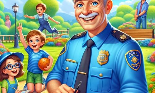 Un policía sonriente, un hombre de unos cincuenta años, lleva un uniforme azul brillante y un sombrero de policía. Su rostro es amable, con arrugas de experiencia y ojos que brillan de alegría. Sostiene un silbato brillante en su mano, listo para ayudar. A su lado, hay tres niños: Martina, una niña de 8 años con cabello castaño y gafas, que mira con asombro; Lucas, un niño de 7 años con cabello rubio, que salta de alegría sosteniendo una pelota pequeña; y Pablo, un niño de 8 años con cabello negro, que toma notas en un cuaderno. La escena se desarrolla en un parque soleado, con un gran árbol de hojas verdes, flores coloridas alrededor y un banco de madera donde las familias descansan. Al fondo, se ve un pequeño grupo de personas que observan con curiosidad. La situación principal muestra al policía ayudando a los niños a encontrar una pelota perdida, con expresiones de felicidad y emoción en sus rostros. Los niños están señalando hacia un lugar donde la pelota está atrapada, mientras el policía se agacha para escucharlos atentamente.