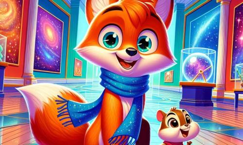 In the center of the image, Finn the fox, a young fox with bright orange fur and sparkling curious eyes, stands with a radiant smile on his face. His blue scarf, made of bell fibers, gently floats in the wind as he gazes in wonder at a large exhibition panel in the museum. Next to him, Olive the chipmunk, small and lively with brown fur and bright eyes, jumps for joy. She wears a colorful scarf and smiles widely, holding a small construction tool in her paws, ready to help Finn create their invention. The museum is a vast and bright space, with walls painted in vivid colors, sparkling stars, and illustrations of galaxies. Fascinating objects are displayed in showcases, and winding paths lead to rooms full of discoveries. In this scene, Finn and Olive are building a funny vehicle together, a mix of wood and shiny stones, while laughing and sharing ideas, symbolizing their friendship and creativity.