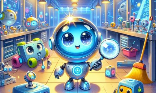 Glimmerbot, a small round robot with shiny blue panels and large sparkling eyes, stands at the center of the scene, displaying a joyful and determined expression. He is holding a sparkling Display Magnifier, curiously looking at the other robots around him. To his right, Tinka, a tiny cube-shaped robot with colorful wheels, smiles enthusiastically, his bright eyes sparkling with excitement as he helps sort tools. On the left, Sweepa, the cleaning robot with a round fluffy head, looks relieved and happy, sweeping the floor with a small broom while admiring Glimmerbot. The setting is the Workshop, a futuristic space filled with rows of sparkling machines and transparent glass worktables, where colorful tools are neatly arranged. Bright lights illuminate the place, creating a warm and welcoming atmosphere. The main scene shows Glimmerbot and his friends joyfully collaborating to sort tools, with bursts of light and vibrant colors reflecting their enthusiasm and teamwork.