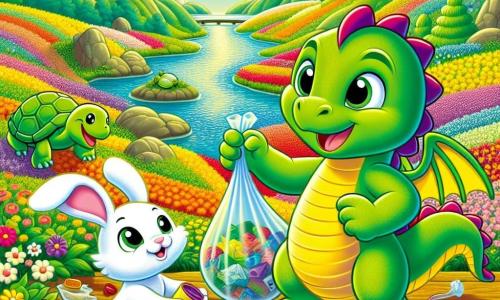 Un piccolo drago verde di nome Leo, con scaglie brillanti e occhi pieni di determinazione, si trova al centro della scena, sorridendo con entusiasmo. Tiene un sacco di raccolta pieno di rifiuti colorati, pronto a pulire la sua valle. Alla sua destra, un adorabile coniglio bianco di nome Milo, con grandi orecchie erette e un'espressione gioiosa, sta raccogliendo una bottiglia di plastica, guardando Leo con ammirazione. A sinistra, una tartaruga verde di nome Tessa, con un guscio decorato di fiori, sorride mentre pianta nuovi bulbi di fiori colorati nel terreno. Lo sfondo è una valle soleggiata, piena di fiori vivaci, con un cielo blu chiaro e un ruscello scintillante, dove l'acqua scorre dolcemente. La scena principale mostra Leo e i suoi amici che lavorano insieme per pulire la valle, trasformando un luogo triste e sporco in un paradiso colorato e gioioso.