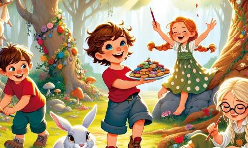 In una radura soleggiata nel cuore di una foresta magica, quattro bambini sono felici. Marco, un ragazzo di sei anni con capelli castani disordinati e una maglietta rossa, sorride tenendo un grande piatto di dolci colorati. Giulia, una ragazza di sei anni con capelli biondi intrecciati, indossa un vestito blu a pois e danza ridendo, le braccia alzate verso il cielo. Luca, un ragazzo di sei anni con occhiali e capelli castani, è seduto su una grande pietra, mentre disegna fiori con pastelli colorati. Sara, una ragazza di sei anni con capelli ricci e una gonna verde, gioca con un coniglietto bianco che si avvicina a loro. Al centro della radura, un grande lupo grigio dal sguardo dolce e amichevole si trova accanto ai bambini, sorridendo felice di essere con loro. La radura è circondata da alberi maestosi e fiori multicolori, creando un'atmosfera gioiosa e accogliente. I bambini e il lupo si preparano a festeggiare, dimostrando che l'amicizia può superare ogni paura.