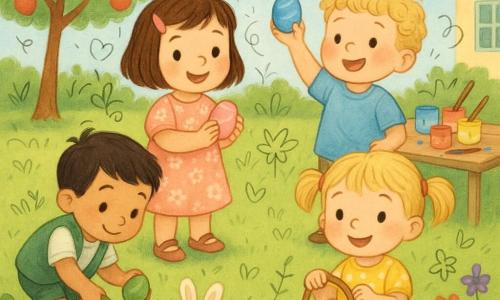 Cuatro niños de 2 años en una caza de huevos de Pascua en un jardín primaveral: Ana, niña de pelo castaño corto con una horquilla rosa y vestido rosa de flores, sostiene un huevo pintado rosa (centro izquierda); Tom, niño rubio rizado con camiseta azul claro y shorts beige, muestra su huevo azul (a la derecha de Ana); Luis, niño de piel morena y pelo negro liso con chaleco verde y pantalón corto, recoge un huevo verde junto a una maceta (adelante a la izquierda); Mia, niña con coletas rubias y vestido amarillo de lunares blancos, sostiene una cesta de mimbre con un huevo amarillo (primer plano a la derecha); césped verde, parterre de flores rojas y violetas, manzano a la izquierda, mesa de madera con pinturas y pinceles abiertos, peluche de conejo blanco junto a las flores, ambiente alegre, colores saturados y estilo infantil con doodles de estrellas, corazones y flechas.