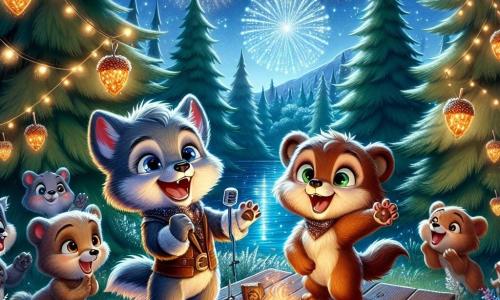 Leo, a little wolf with sparkling eyes and gray fur, stands on a wooden stage, smiling widely as he enthusiastically sings for the Midnight Howl Choir. Next to him, Benny, a brown bear with round cheeks and bright eyes, joyfully claps, his fur brilliantly lit by acorn-shaped lanterns sparkling around them. Lila, Leo's little sister, a small she-wolf with soft, creamy fur, jumps with happiness, her eyes wide with surprise and joy, holding a roasted marshmallow in her paws. The scene takes place in an enchanted clearing in the heart of a forest, illuminated by twinkling lanterns and colorful fireworks exploding in the starry sky, creating a festive and magical atmosphere. In the distance, majestic trees stand tall, their shiny leaves reflecting the party lights, while a group of forest animals gathers to listen to the singing, filling the air with laughter and happiness. The main situation shows Leo and his friends celebrating New Year's Eve, singing together under a starry sky, surrounded by their friends, sharing moments of joy and friendship as fireworks light up the night.