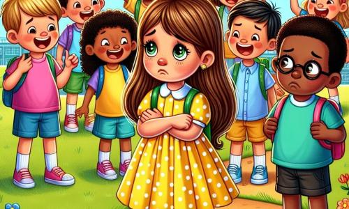 Una niña de 6 años, Lucía, con largos cabellos castaños y ojos brillantes, está en el centro de la imagen, con una expresión preocupada y triste, mirando a un grupo de niños que se burlan. Lleva un vestido amarillo con lunares y sandalias rosas. A su derecha, Tomás, un niño de 6 años con cabello corto y gafas, está solo, con los hombros caídos y aspecto infeliz, vestido con una camiseta azul y shorts negros. Al fondo, un grupo de niños ríe y señala, algunos con mochilas coloridas. El escenario es un patio escolar soleado, con árboles verdes y un tobogán rojo. La situación principal muestra a Lucía dudando en intervenir para ayudar a Tomás, mientras el grupo de niños sigue burlándose, creando una atmósfera de tensión y tristeza.