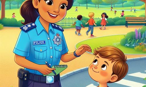 Uma policial sorridente, Maria, está no centro da imagem. Ela é uma mulher de cerca de trinta anos, com cabelos castanhos presos em um rabo de cavalo e vestindo um uniforme azul vibrante com um distintivo brilhante. Ela se inclina levemente para frente, mostrando seu entusiasmo e bondade, enquanto segura um pequeno caderno em uma mão para anotar.

Ao lado dela, um menino de 8 anos, com cabelos loiros e olhos brilhantes, olha para Maria com admiração. Ele usa uma camiseta vermelha e um short azul, parecendo curioso e feliz por aprender. Ele está um pouco recuado, com as mãos nos bolsos, ouvindo atentamente os conselhos de Maria.

A cena ocorre em um parque ensolarado, com árvores verdes exuberantes e flores coloridas ao redor. Um caminho de cascalho serpenteia pelo parque, e algumas crianças brincam ao longe, adicionando uma atmosfera alegre à ilustração.

A situação principal mostra Maria explicando às crianças a importância da segurança, ensinando como atravessar a rua com segurança. Ela sorri calorosamente, enquanto o menino a escuta com olhos maravilhados, pronto para aprender.