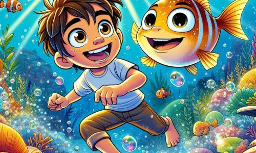 Um menino de 10 anos, Tomás, com cabelos castanhos bagunçados e olhos cheios de curiosidade, nada alegremente em uma água cristalina, cercado por peixes coloridos. Seu rosto expressa maravilha e alegria, com um grande sorriso nos lábios. Ao seu lado, um peixe travesso chamado Douradinho, com escamas douradas brilhantes e olhos maliciosos, salta para fora da água, parecendo incentivar Tomás. O cenário é um reino subaquático encantador, com corais multicoloridos, algas ondulantes e raios de luz filtrando pela superfície da água, iluminando a paisagem marinha. A cena principal mostra Tomás e Douradinho explorando juntos, descobrindo um magnífico palácio de coral cintilante, enquanto criaturas marinhas amigáveis os observam com curiosidade, criando uma atmosfera mágica e cheia de aventura.