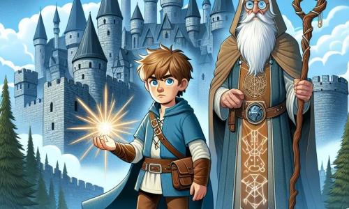 În centrul imaginii, Radu, un băiat de 10 ani, cu părul castaniu deschis și ochii plini de curiozitate, stă cu curaj în fața unui castel medieval. Poartă o tunică albastră și pantaloni din piele, iar fața lui exprimă determinare și uimire. În mâna dreaptă, ține o piatră strălucitoare.

La stânga lui, un bătrân înțelept, un bărbat de 70 de ani, cu o barbă lungă și ochelari rotunzi, observă scena cu un zâmbet binevoitor. Este îmbrăcat într-o robă de magician cu simboluri vechi și ține un toiag din lemn sculptat, pregătit să-l ghideze pe Radu în aventură.

În fundal, castelul este impunător, cu turnuri înalte, steaguri fluturând și ziduri din piatră gri, înconjurat de o pădure densă și misterioasă. Cerul este de un albastru strălucitor, presărat cu nori albi pufoși, adăugând o notă de magie atmosferei.

Situația principală îl arată pe Radu, pregătit să intre în castel pentru a înfrunta vrăjitoarea malefică, cu o lumină aurie emanând din piatra pe care o ține, simbolizând speranța și bravura.