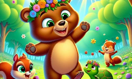Benny, a small brown bear with sparkling eyes and a bright smile, stands in a sunny clearing wearing a colorful flower crown and laughing with joy. To his right, Sally, a little squirrel with reddish fur and bright eyes, dances around him enthusiastically with her little paws in the air. To his left, Timmy, a turtle with a shiny green shell, smiles gently while sitting on the grass and weaving flowers into his own crown. The setting is a lush clearing surrounded by majestic trees with vibrant leaves, sprinkled with multicolored flowers dancing in the gentle breeze under a clear blue sky. The main scene shows Benny and his friends celebrating spring, laughing and dancing together, surrounded by the beauty of nature, sharing a moment of joy and friendship.
