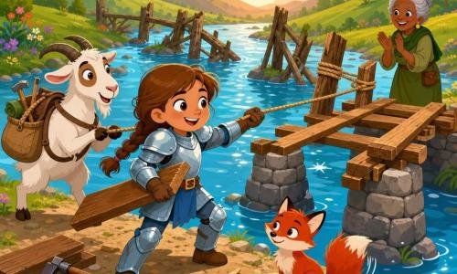 A brave smiling young female knight with a round face and light brown braid, in light blue-and-silver armor, holding a wooden plank and pulling a rope in a determined joyful pose; a small lively red fox with mischievous eyes sits near her feet, bushy tail moving; a friendly white goat with brown spots and a pack on its back stands left of her helping pull a rope; an elderly woman of about 70 with gray hair in a bun and simple olive clothes smiles and claps from the right riverbank of the half-built wooden bridge; setting: a wide sparkling river with flowered banks and round stones, remains of an old broken wooden bridge at center, green hills and a pale pink sunset sky; scene: bright collaborative bridge reconstruction with planks on sturdy stone piers, taut ropes, wood chips and tools visible; graphic style: simple shapes, flat colors, clean outlines, warm high-contrast palette and very readable facial expressions for children.