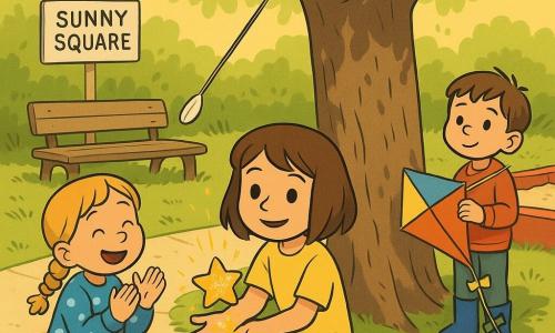 Three children: Mila, about 7, brown bob, calm eyes, yellow t-shirt, kneeling under a low branch at the center holding a long string with a plastic spoon attached; Josie, about 7, blonde braids, blue polka-dot vest, to Mila’s left, smiling and clapping, ready to catch the cookie; Ben, about 5, light brown hair, blue rain boots, slightly behind on the right holding a kite and watching the branch with a guilty yet proud look. Location: a small park called Sunny Square with light paving and grass, a large rough-trunked tree with low branches, a worn wooden bench, a red sandbox in the back, colorful chalk drawings on the path, soft afternoon light and dancing leaf shadows. Main moment: a star-shaped cookie dusted with tiny yellow sprinkles falls from the branch into Mila’s hands as sprinkles rain down, the crumpled cloth still caught in the fork of the wood and the spoon on the string has brushed the branch, the children’s faces showing joy and relief.