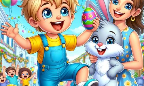 A 2-year-old boy named Timmy, with messy blonde hair and bright sparkling eyes, is jumping for joy with a beaming smile on his face. He is wearing blue overalls and a yellow t-shirt, holding a shiny Easter egg in his small hands. Next to him, his mom, a woman in her thirties with brown hair tied in a bun, smiles while holding colorful decorations. She is wearing a floral spring dress and slightly leans towards Timmy, sharing in his joy. Behind them, a large stuffed bunny, with a friendly smile and long soft ears, dances joyfully, adding a touch of magic to the scene. The location is a lively street decorated with colorful balloons and flower garlands under a bright blue sky. Children are laughing and playing around them, creating a festive and joyful atmosphere. The main scene shows Timmy and his mom participating in an Easter parade, surrounded by vibrant decorations and laughter as they celebrate this special day together.
