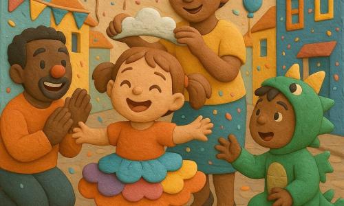 Vera, niña de 4 años, alegre y asombrada, de rostro redondo y coletas castañas claras, lleva una falda en capas que parece una nube de colores; danza con los brazos abiertos mientras extiende la mano para ayudar a Hugo, un niño de 5 años disfrazado de pequeño dragón que se incorpora sorprendido pero contento; detrás, la madre de unos 30 años, sonriente y con el pelo recogido, sujeta una diadema-nube; el padre, de unos 32 años y de aspecto cálido con una pequeña nariz roja de payaso, aplaude desde la izquierda. La calle empedrada está flanqueada por casas coloridas, guirnaldas y globos, y confeti multicolor cae bajo la cálida luz del atardecer; texturas suaves y huellas como de plastilina sugieren una escena festiva centrada en la ayuda y la danza.