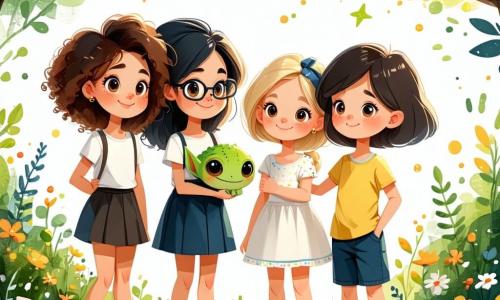 In un grande giardino verdeggiante dell'osservatorio astronomico, quattro amiche sono insieme. Anna, una ragazza di 10 anni con capelli ricci castani e occhiali, sorride mentre tiene un piccolo extraterrestre verde di nome Zog. Accanto a lei, Chiara, una ragazza di 9 anni con capelli biondi e occhi scintillanti, guarda Zog con curiosità. Luisa, una ragazza di 10 anni con capelli neri e un vestito colorato, indica un telescopio brillante, mentre Marta, una ragazza di 9 anni con trecce e una maglietta a stelle, tiene uno strumento di metallo, pronta ad aiutare. Il giardino è pieno di fiori multicolori, alberi alti e vecchi telescopi, sotto un cielo blu con nuvole bianche. In fondo, si intravede una grande cupola dell'osservatorio, dove le stelle brillano già nell'azzurro. La scena principale mostra le quattro amiche che lavorano insieme per riparare la navicella spaziale di Zog, con strumenti sparsi attorno e riflessi di luce che emanano dalla navetta extraterrestre, simboleggiando la loro amicizia e spirito di squadra.