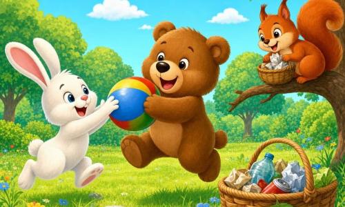 Tedi, ursuleț de pluș maro, pufos și rotunjit, zâmbet larg și ochi strălucitori, ținând o minge colorată și sărind în centrul scenei; Iepurașul Riki, alb cu urechi roz, vioi și jucăuș, saltând spre minge la stânga; Veverița Lili, roșcată cu coadă stufoasă, mischinoasă, pe o creangă joasă la dreapta, ținând un coș împletit cu hârtii adunate; pajiște verde cu iarbă scurtă, flori albastre, galbene și roșii, un coș mare din nuiele cu deșeuri colectate lângă prieteni, copaci frunziși rotunzi și cer albastru cu nori pufoși; situație: trei prieteni se joacă cu mingea pe o pajiște curată și însorită după ce au curățat pădurea, culori vii, forme simple și atmosferă caldă și veselă.