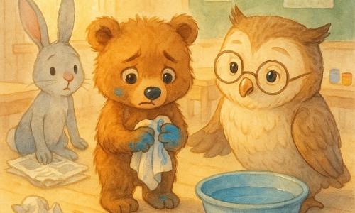 Een klein bruin beerbeertje met nieuwsgierige ogen en blauwpoten door verf, met een vochtig doekje in de hand en een schuldig maar opgelucht gezicht; een vriendelijke antropomorfe uil met ronde bril en beige-bruin verenkleed knielt bij een teil water rechts van het beertje om te helpen; een lichtgrijze haas met lange oren staat linksachter, hand op een krant, bereid mee te helpen; warme klaslokaalomgeving met lage tafels, verfpotjes en kranten op de vloer, groene schoolbord en zacht avondlicht door een groot raam; centraal een glanzende blauwe verfvlek op de vloer en op de poot, scènes van samen opruimen en vergeving; zachte aquarelpalette in pasteltonen met levendig blauw en subtiele, vage contouren.