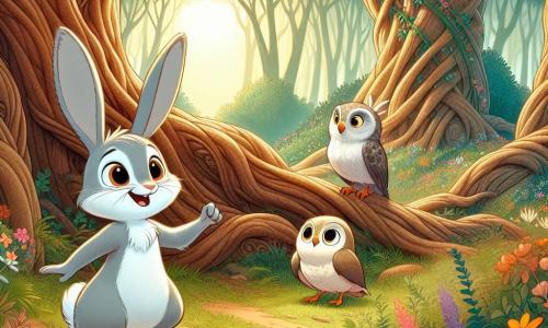 Ein kleiner grauer Hase namens Max mit großen neugierigen Augen und langen Ohren steht vor einem riesigen Baum, die Pfoten aufgeregt erhoben, bereit, einen versteckten Schatz zu entdecken. Neben ihm sitzt eine braun-weiße Eule namens Emma, die auf einem Ast sitzt und Max mit einem schelmischen Lächeln ansieht, ihre Augen glänzen vor Intelligenz, während sie ihm mit einem Flügel den Weg zeigt. Der Ort ist ein verzauberter Wald, gefüllt mit dicken, knorrigen Baumstämmen, bunten Blumen, die im Wind tanzen, und Sonnenstrahlen, die durch das dichte Laub filtern und eine magische, warme Atmosphäre schaffen. Die Hauptsituation zeigt Max und Emma, die ungeduldig und entschlossen sind, sich auf die Erkundung des großen Baumes vorzubereiten, um den geheimnisvollen Schatz zu finden, umgeben von der Aufregung des bevorstehenden Abenteuers.