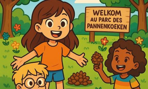 Een 10-jarig meisje, Lotte, met lange bruine haren en nieuwsgierige ogen, staat in het midden van een zonnig park met een grote glimlach en open armen, alsof ze een nieuwe vriend verwelkomt. Naast haar kijkt haar vriend Sam, een 10-jarige jongen met rommelig blond haar en ronde bril, enthousiast naar een grote schaal pannenkoeken, met sprankelende ogen van opwinding. Niet ver weg houdt Noa, een andere 10-jarige vriendin met krullend haar en een kleurrijk t-shirt, een dennenappel vast, klaar om deze als lokaas voor de eekhoorns te gebruiken. Het park is vol grote bomen met heldergroene bladeren, kleurrijke bloemen die dansen in de wind en een blauwe lucht met donzige witte wolken. In het midden van de scène staat een groot houten bord met de tekst "Welkom in het Pannenkoekenpark", wat een vleugje magie aan de omgeving toevoegt. De hoofdscène toont Lotte en haar vrienden die eekhoorns aan het vangen zijn, lachend en rennend rond een hoop dennenappels, terwijl er gouden en smakelijke pannenkoeken op een deken aan hun voeten liggen, wat belooft dat ze na hun avontuur een heerlijke maaltijd zullen hebben.