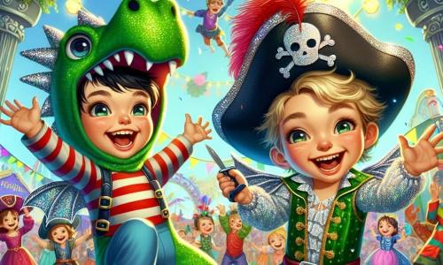 Un ragazzo di 6 anni, di nome Luca, è al centro dell'immagine, con un grande sorriso sul volto e gli occhi scintillanti di gioia. Indossa un costume da drago verde, con squame brillanti e ali d'argento che scintillano al sole. Luca danza con entusiasmo, sollevando le braccia in aria, circondato da colori vivaci. Accanto a lui, il suo migliore amico Marco, anch'esso di 6 anni, è travestito da pirata, con un grande cappello nero decorato da una piuma rossa e una camicia a righe. Marco brandisce una spada di plastica con aria fiera, ridendo mentre imita i movimenti di Luca. Lo sfondo è una piazza animata, piena di decorazioni di carnevale: ghirlande di fiori colorati, palloncini fluttuanti e personaggi fantastici come fate e gnomi che danzano intorno a loro. Altri bambini in costumi vari, come principesse e supereroi, si divertono sullo sfondo, creando un'atmosfera festosa e gioiosa. La scena principale mostra Luca e Marco che danzano insieme, circondati da risate e musica, celebrando lo spirito del carnevale con creatività e amicizia.