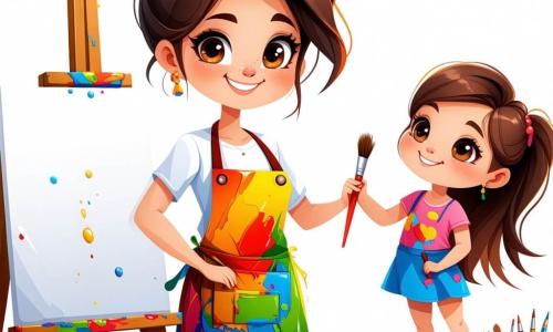 Un'artista, Serena, con capelli castani disordinati e occhi pieni di creatività, è davanti a una grande tela bianca, con un sorriso radioso. Indossa un grembiule colorato macchiato di vernice e tiene un pennello in mano, pronta a dare vita alla sua opera. Accanto a lei, Giulia, una ragazza di 10 anni con capelli lunghi e lisci, la guarda con ammirazione, tenendo un quaderno da disegno. Ha occhi brillanti di curiosità e sembra impaziente di disegnare. Lorenzo, un ragazzo di 9 anni con occhiali e capelli arruffati, osserva la scena con un misto di esitazione e meraviglia, con un piccolo robot disegnato sulla sua tela. L'atelier è luminoso e pieno di colori vivaci: barattoli di vernice sparsi su tavoli di legno, tele appese alle pareti e raggi di sole che filtrano attraverso grandi finestre. Serena incoraggia i bambini a esprimere la loro creatività, tutti immersi nel processo artistico con mani sporche di vernice e sorrisi felici, pronti a creare insieme un grande murale.