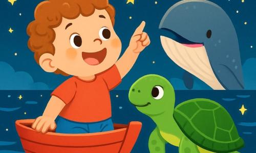 A 2-year-old boy named Leo, with curly hair and sparkling eyes, gazes in wonder at the twinkling stars in the night sky. He wears a red t-shirt and blue shorts, and his face radiates joy with a big smile and rosy cheeks. Next to him, a wise, large turtle with a green shell and gentle eyes swims slowly in the starry water, watching Leo kindly. A little further away, a majestic and friendly gray whale emerges from the water, its shiny fins reflecting the starlight as it sings softly. The scene takes place in a magical sea, where the deep blue water is sprinkled with thousands of twinkling stars, creating a fairy-tale atmosphere. The sky is filled with bright constellations, and gentle waves caress Leo's small red boat. The main situation shows Leo, amazed, pointing at the dancing stars around him while the turtle and whale listen attentively, creating a scene of discovery and wonder under a starry sky.