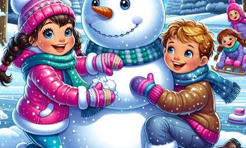 A 7-year-old girl with sparkling blue eyes and curly brown hair is building a snowman in a snowy park. She wears a bright pink jacket, colorful gloves, and fur boots, displaying a big joyful smile. Next to her, an 8-year-old boy with messy blonde hair and a mischievous grin is rolling a large snowball for the snowman's body. Another character, a 7-year-old girl with brown hair in braids, is gathering branches for the snowman's arms, laughing heartily. The park is a winter wonderland, with trees covered in shimmering snow, gently falling snowflakes, and a large colorful kite floating in the wind. In the distance, children are sledding down a snowy hill. The main scene shows the three children, united in their joy, shaping their snowman, surrounded by the magic of winter, with laughter and radiant smiles.
