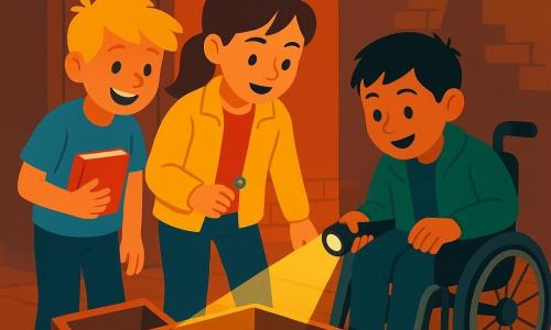 Three children, about 11: a brown-haired girl in a yellow jacket with a ponytail holds a small metal key and stands center looking into an open trapdoor; a blonde boy in a blue T‑shirt to her left holds a notebook and smiles with excitement; a short black‑haired boy in a green jacket in a wheelchair to her right holds a small flashlight illuminating the chest. They are in a secret town hall basement with old wooden floorboards, an open square trapdoor with a metal ladder, stone walls, a worn wooden cupboard and an old clock casting a large shadow; the air is dusty with a hint of cinnamon. The three have amazed expressions as they discover an ancient drawer full of small treasures — velvet pouches, colorful bracelets and glass marbles — with bright focused lighting on the treasure, vivid flat colors and warm‑cold contrasts creating a strong focal point.